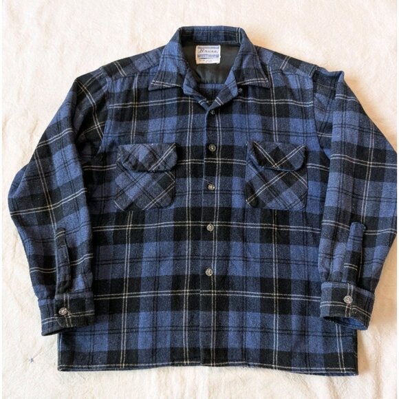 Vintage 60s 70s Wool Loop Collar Shadow Plaid Button Up Rockabilly Boxy Medium - Picture 3 of 6